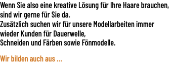 Wenn Sie also eine kreative Lösung für Ihre Haare brauchen, sind wir gerne für Sie da. Zusätzlich suchen wir für unsere Modellarbeiten immer wieder Kunden für Dauerwelle, Schneiden und Färben sowie Fönmodelle.   Wir bilden auch aus ...